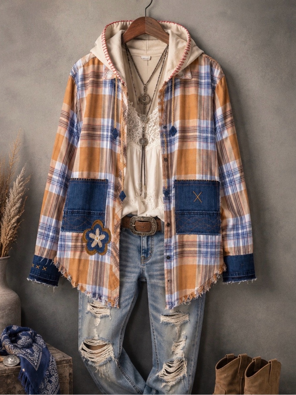 Handmade Upcycled Plaid Hoodie Shacket Denim Patchwork Boho Cotton M